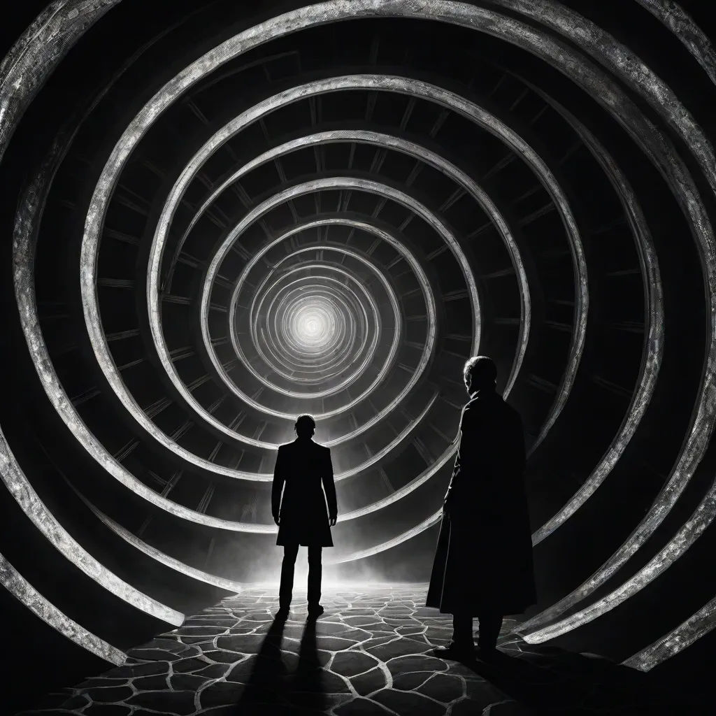 two people standing in front of a tunnel of light in a dark room with a light at the end, light and space, poster art, Dirk Crabeth, promotional image