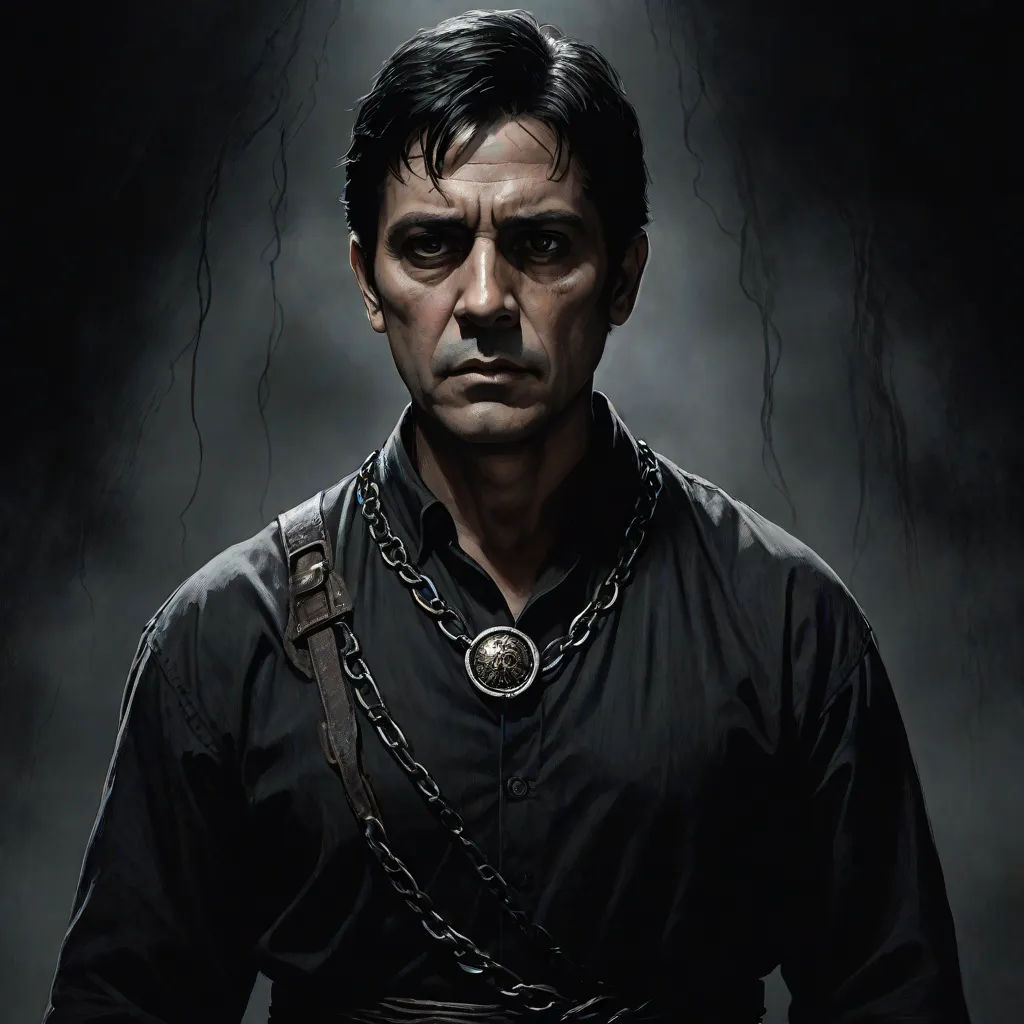 a man with a chain around his neck and a black shirt on, with a dark background and a light shining on him, classical realism, a character portrait, David Palumbo, western comic book art