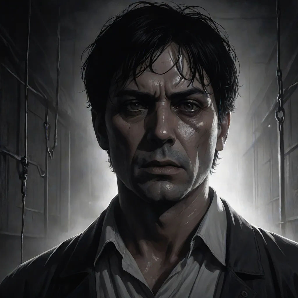 a man with a serious look on his face in a dark room with a light coming through the window, serial art, a character portrait, David Palumbo, character portrait