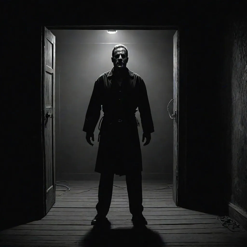 a man in a long coat standing in a dark hallway with an open door and a light on the ceiling, photorealism, concept art, Aleksander Gine, promotional image