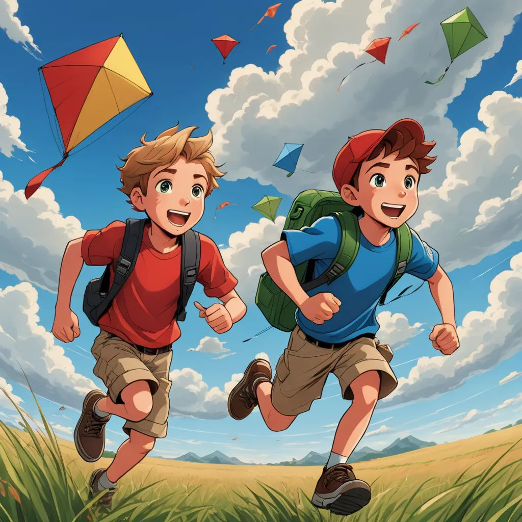 two boys running with a kite in the sky above them and a field of grass below them with a blue sky and clouds behind them, sots art, a storybook illustration, Diego Gisbert Llorens, rossdraws global illumination