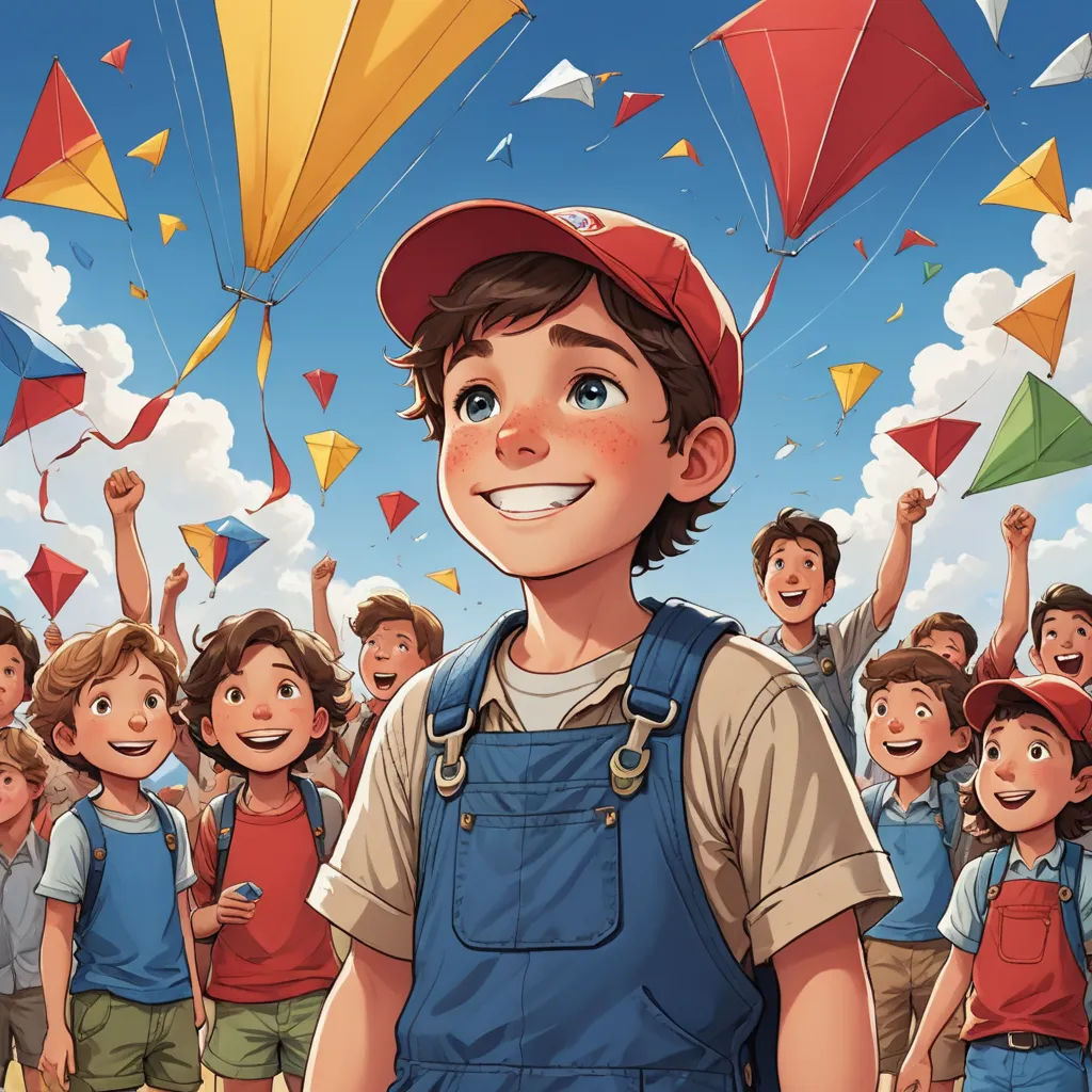 a boy in overalls and a cap is standing in front of a group of kites in the sky, magical realism, a storybook illustration, Diego Gisbert Llorens, trending on art station