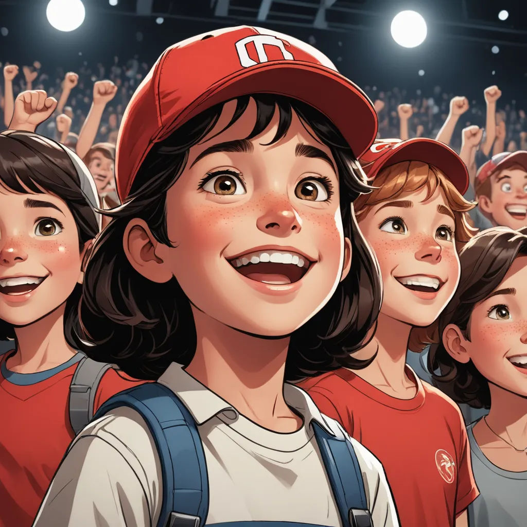 a cartoon of a girl with a baseball cap and a crowd of people behind her, all smiling and raising their hands, socialist realism, a storybook illustration, Diego Gisbert Llorens, official art