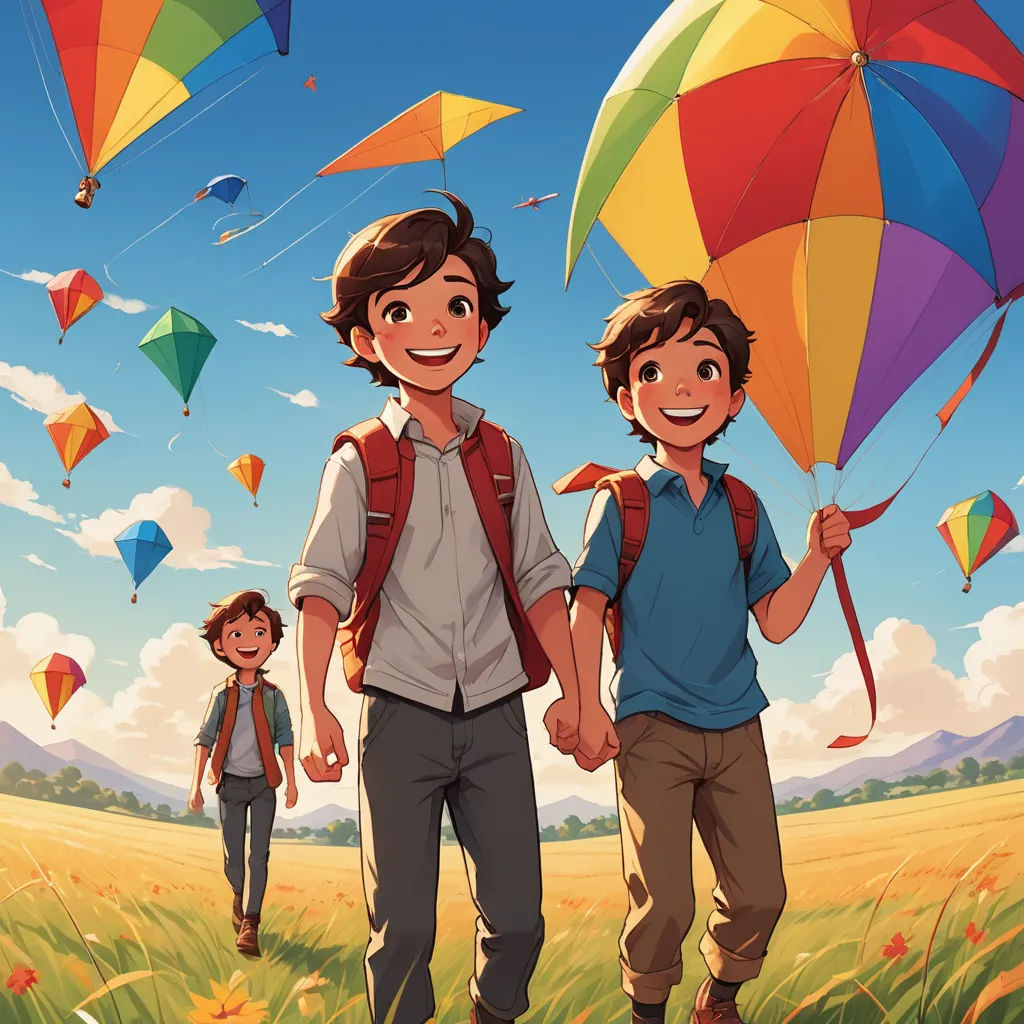 a couple of people holding hands while standing in a field with kites in the sky above them and a boy holding a backpack, color field, a storybook illustration, Brothers Hildebrandt, official art