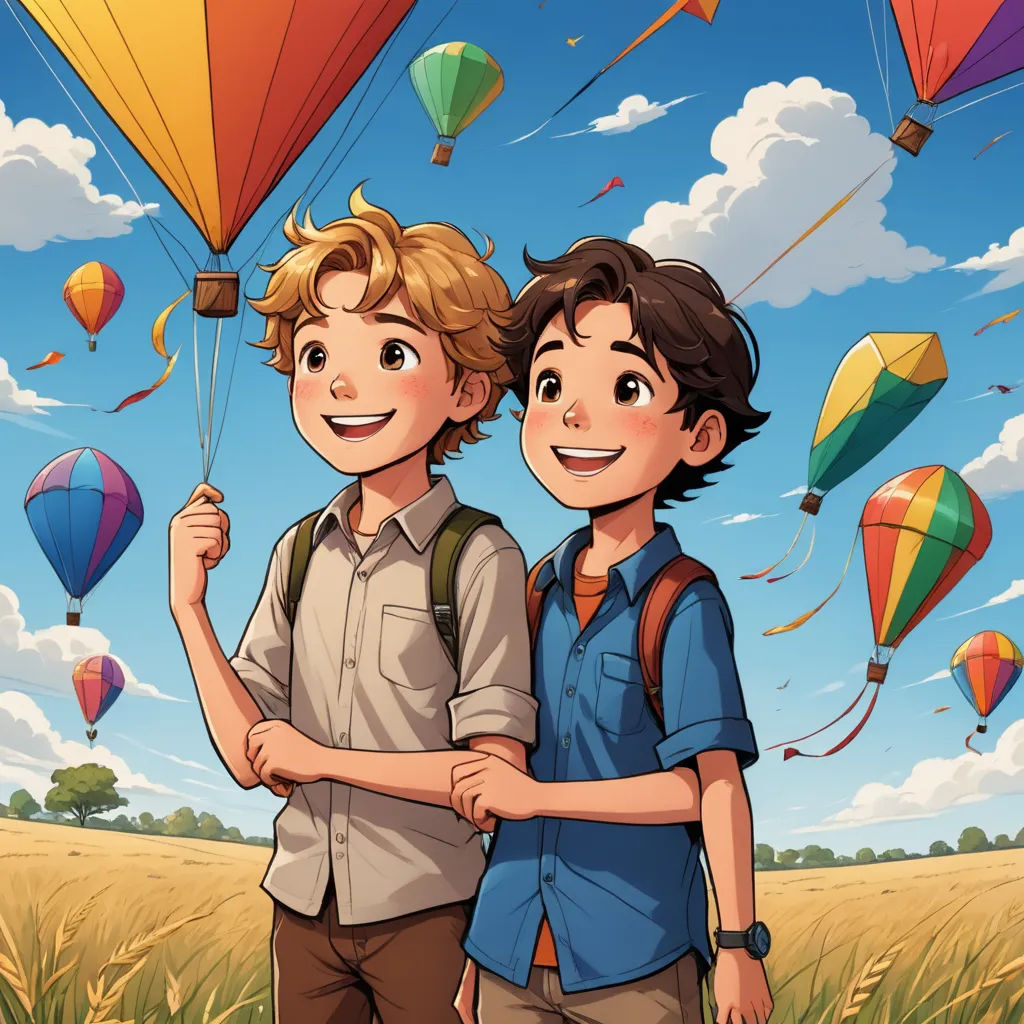 two boys standing in a field with hot air balloons in the sky above them, one holding the strings of the other, color field, a storybook illustration, Aaron Jasinski, blue sky