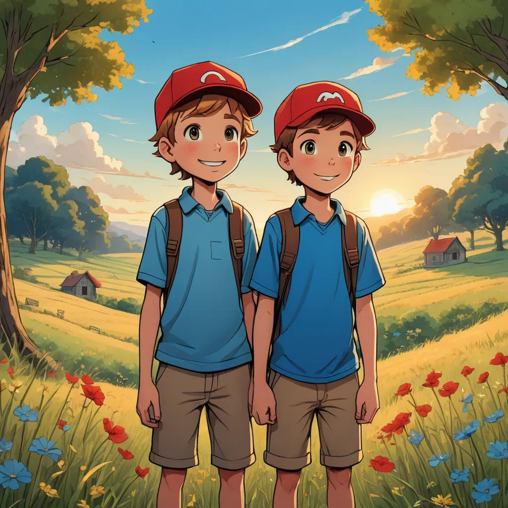 two boys standing in a field with a red hat on their heads and a blue shirt on their shoulders, sots art, a storybook illustration, Brothers Hildebrandt, rossdraws global illumination