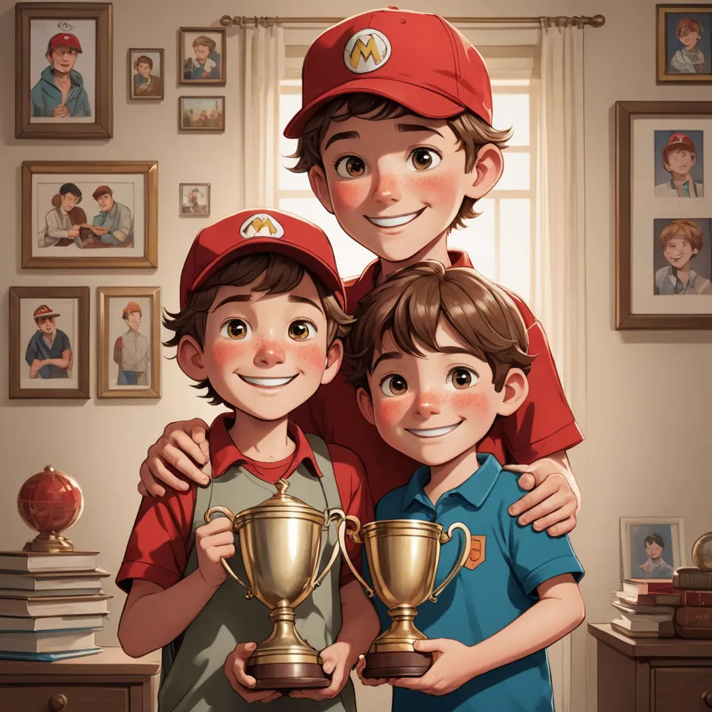 a couple of kids standing next to each other holding a trophy trophy in front of a window with pictures on the wall, sots art, a storybook illustration, Diego Gisbert Llorens, rossdraws global illumination
