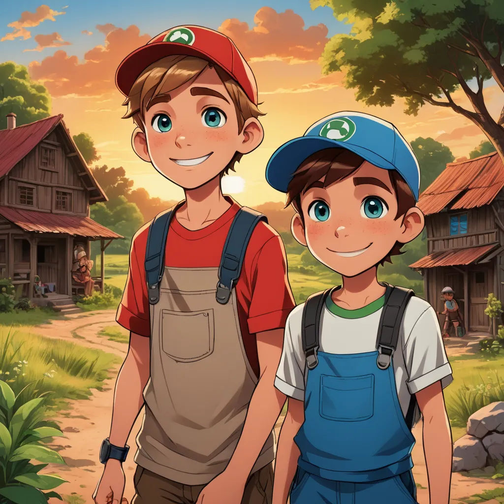 a boy and a boy are standing in front of a house and a tree with a sunset in the background, sots art, concept art, Brothers Hildebrandt, rossdraws global illumination