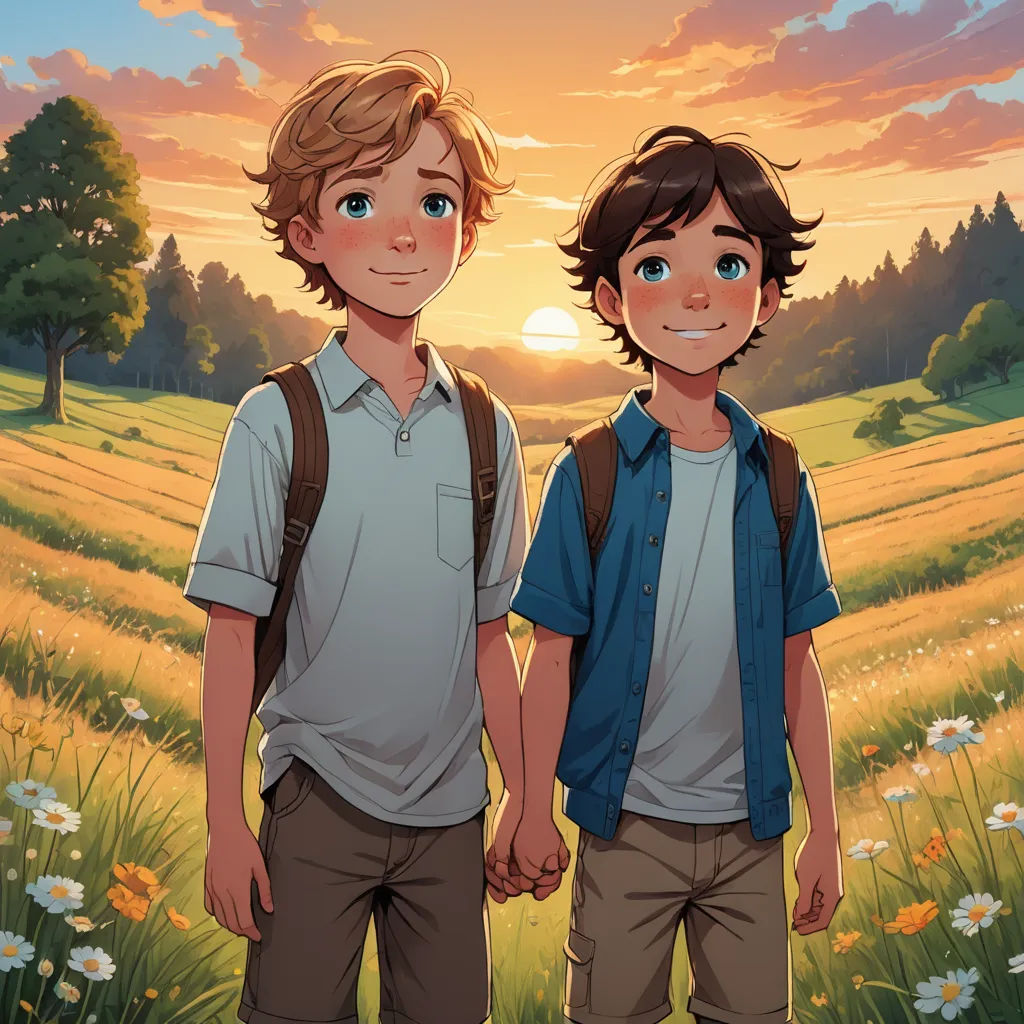two young boys standing in a field of flowers at sunset with the sun setting behind them and the sky, sots art, a storybook illustration, Brothers Hildebrandt, official art