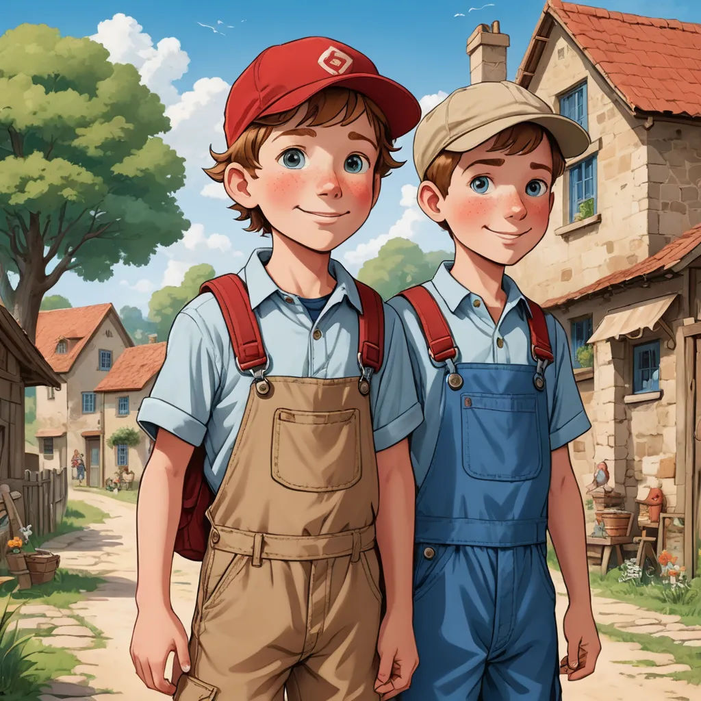 two boys in overalls and a cap standing in front of a village with a house and a tree, photorealism, a storybook illustration, Brothers Hildebrandt, trending on art station