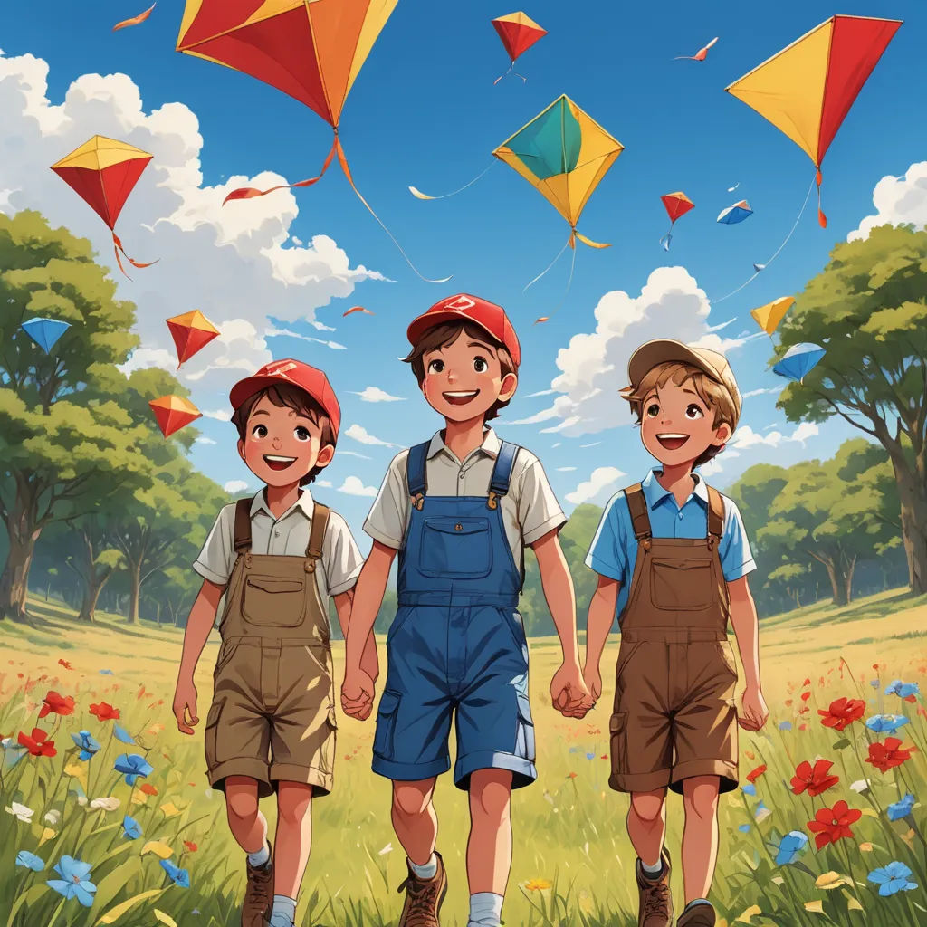 a group of three boys standing next to each other in a field with kites flying above them and a field of flowers, naive art, a storybook illustration, Brothers Hildebrandt, official art