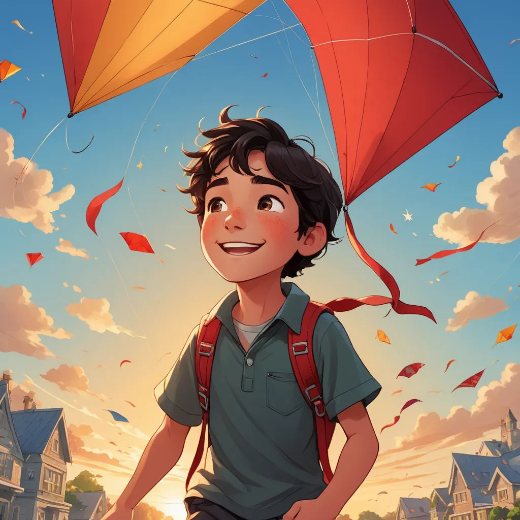 a boy with a backpack and a kite in the sky above him is a house and a street with a few houses, magical realism, a storybook illustration, Aaron Jasinski, rossdraws global illumination