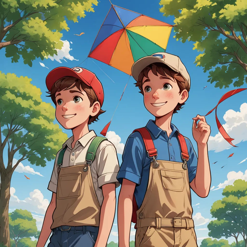 two boys are standing under a colorful kite in the sky, one holding a string and the other holding a string, photorealism, a storybook illustration, Brothers Hildebrandt, rossdraws global illumination