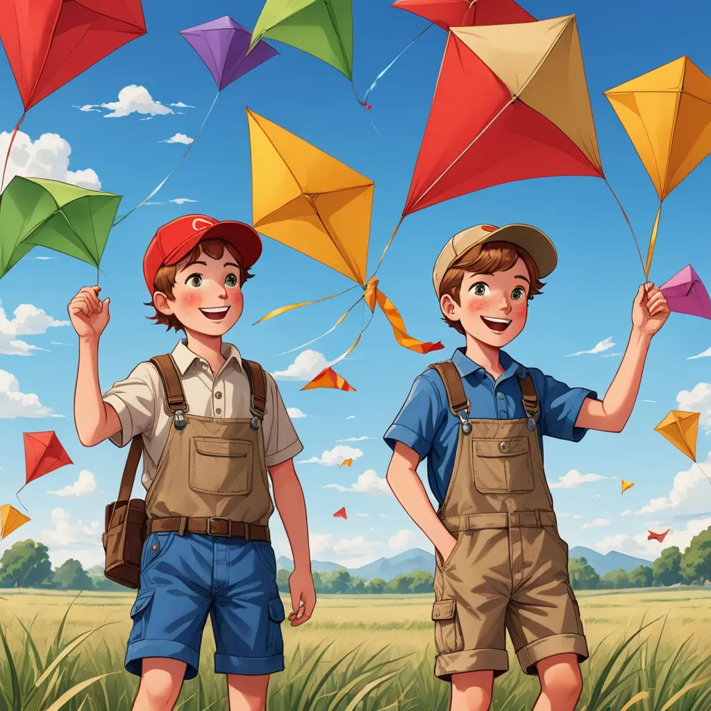 two boys are holding kites in a field of grass and trees, one is smiling and the other is holding a backpack, color field, a storybook illustration, Diego Gisbert Llorens, trending on art station