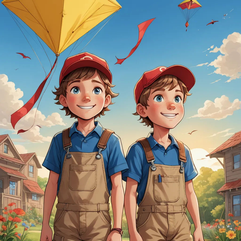 two boys in overalls and hats are flying a kite in the sky over a neighborhood with houses and a kite, photorealism, a storybook illustration, Brothers Hildebrandt, trending on art station