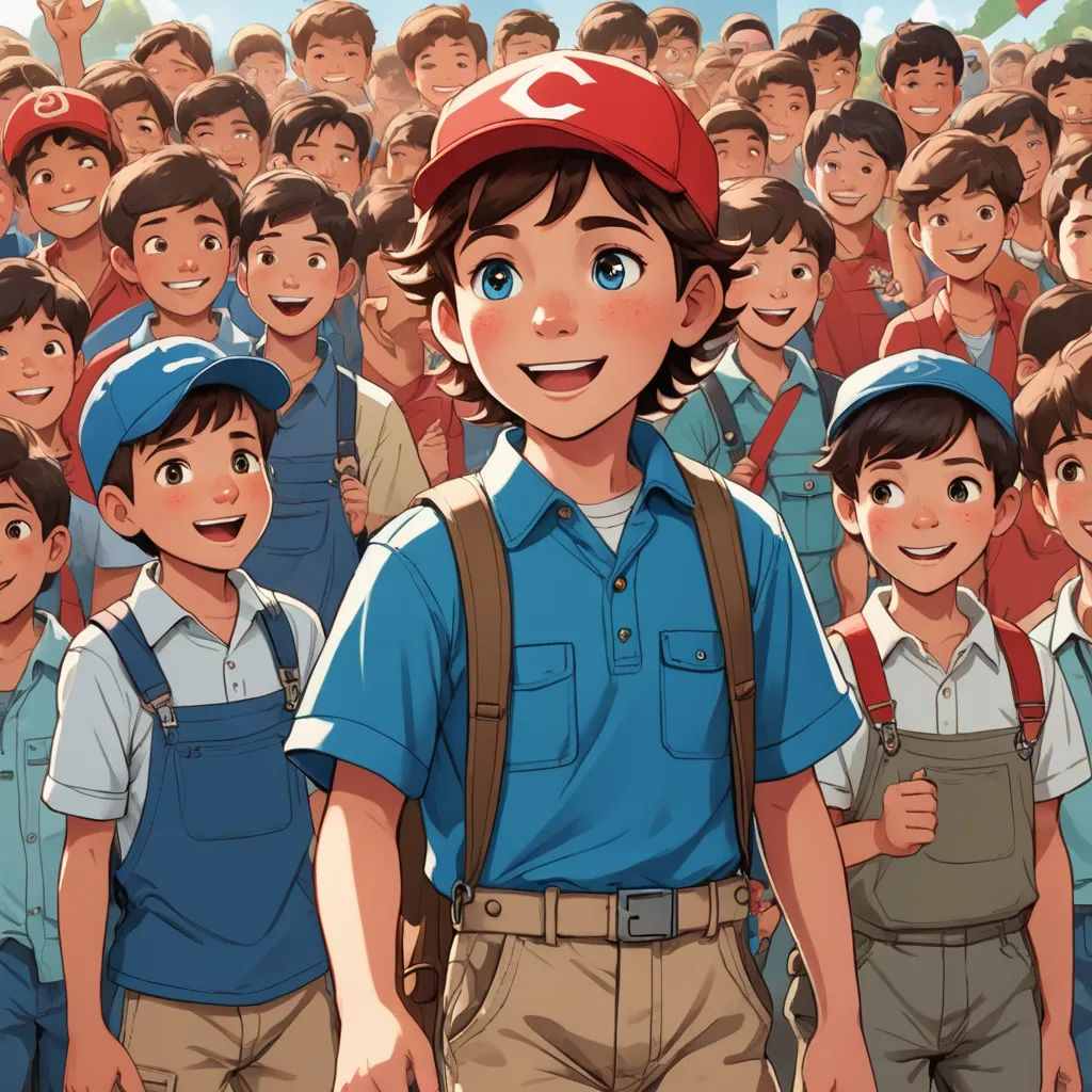 a boy in a blue shirt and a boy in a red cap are standing in front of a crowd of boys, rayonism, a storybook illustration, Cliff Childs, cushart krenz