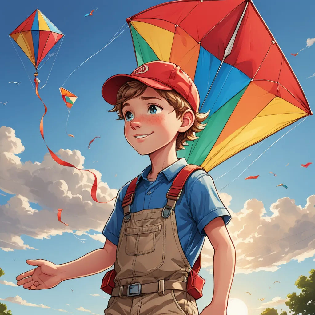 a boy with a red hat and a kite in the sky above him is a field with grass and trees, photorealism, a storybook illustration, Cliff Childs, rossdraws global illumination