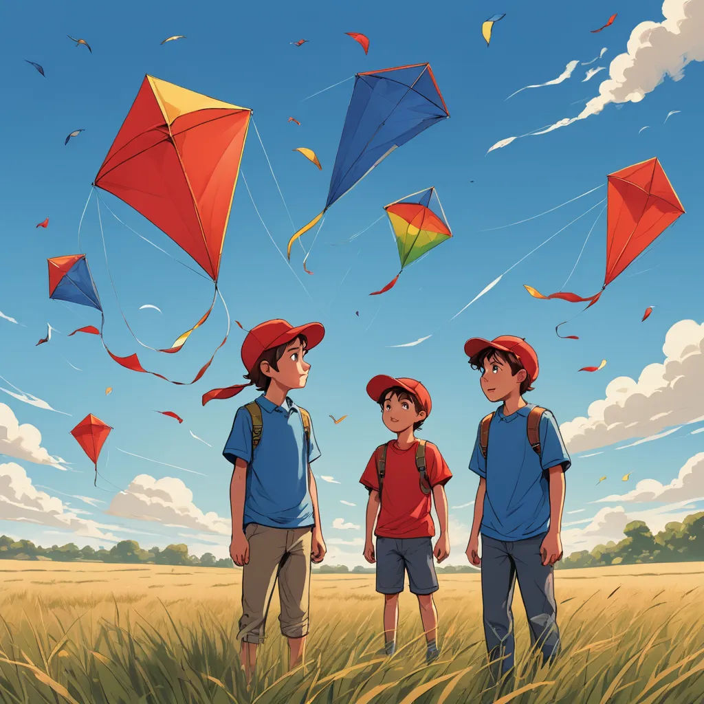 three children standing in a field with kites flying overhead in the sky above them, and a third boy in the foreground, rayonism, a storybook illustration, Atey Ghailan, rossdraws global illumination