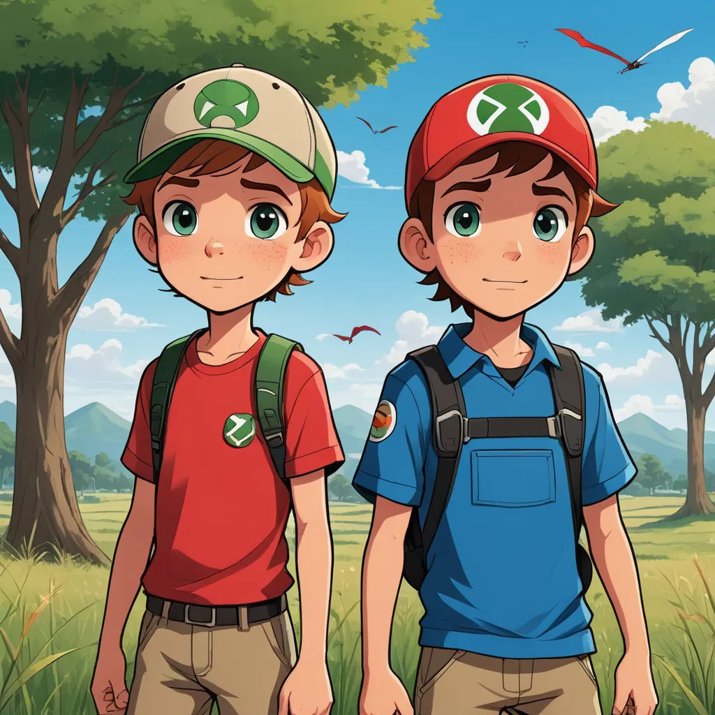 two boys in a field with trees and birds in the background, one boy wearing a red hat and the other boy wearing a blue shirt, lyco art, concept art, Adam Rex, game art