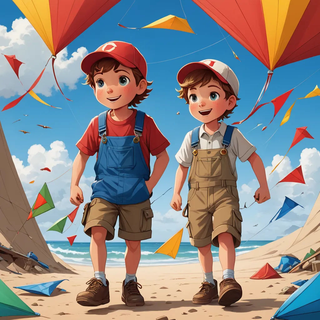 two boys are standing on the beach with kites in the sky above them and a beach in the background, photorealism, a storybook illustration, Diego Gisbert Llorens, trending on art station