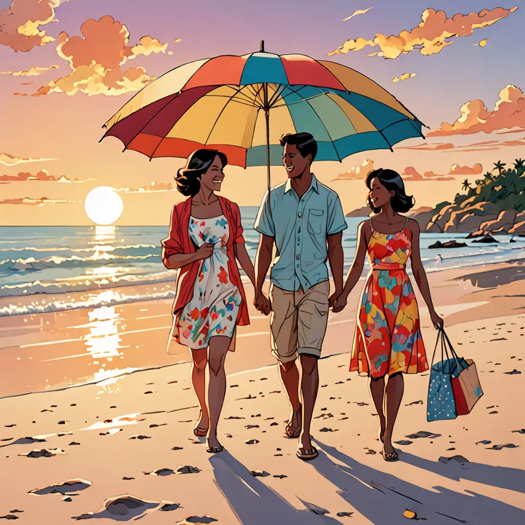 a man and woman walking on a beach holding hands under an umbrella while the sun sets behind them and the ocean in the background, american scene painting, a comic book panel, Colin Middleton, promotional image