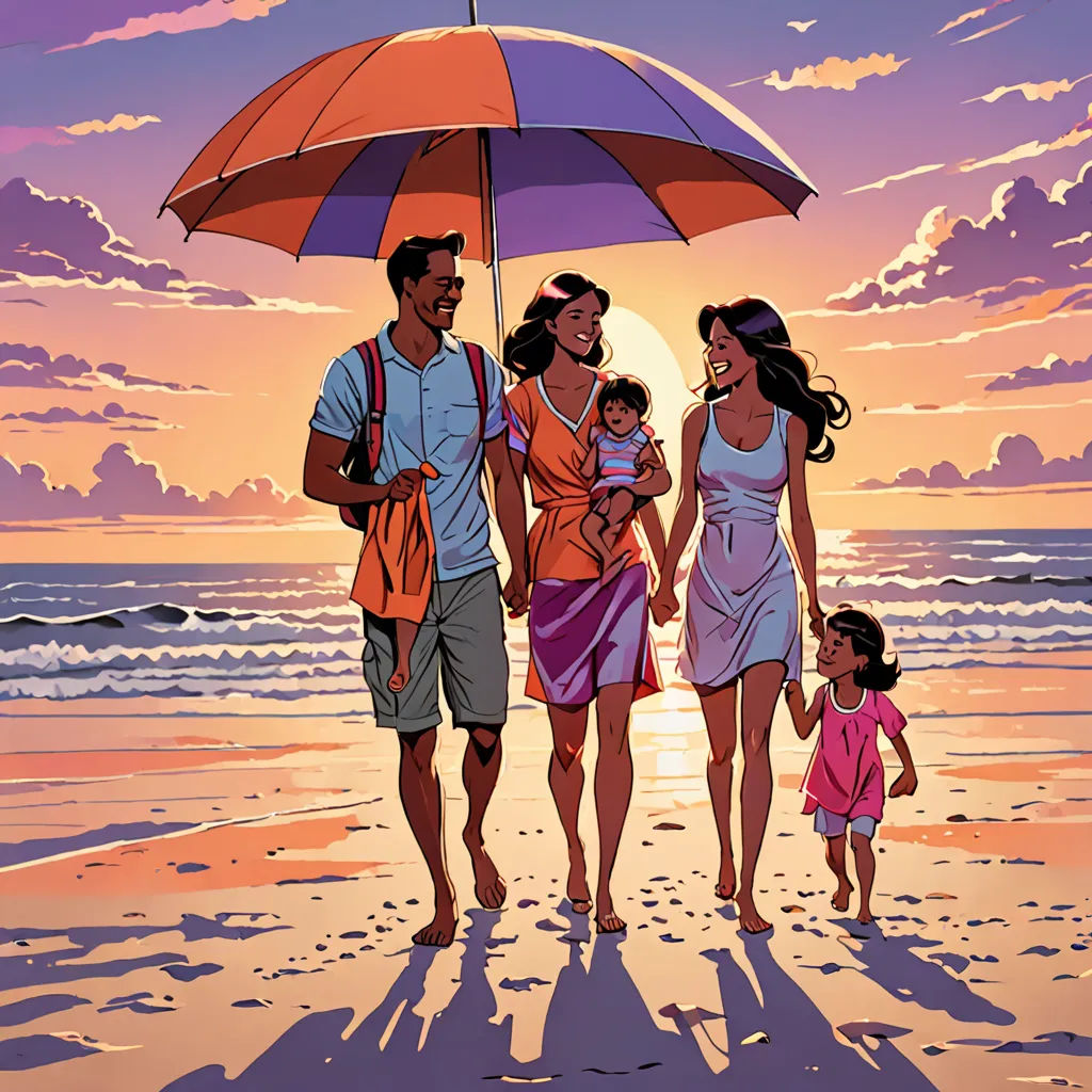 a family walking on the beach under an umbrella at sunset with the sun setting behind them and the sky in the background, lyco art, a storybook illustration, Asaf Hanuka, promotional image