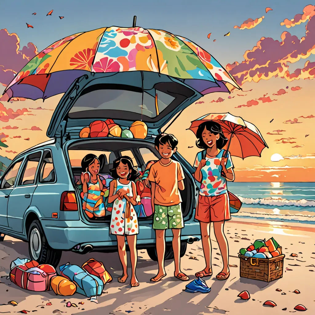 a family standing on the beach under an umbrella next to a car with luggage and a beach bag on the beach, american scene painting, a comic book panel, Colin Middleton, official art