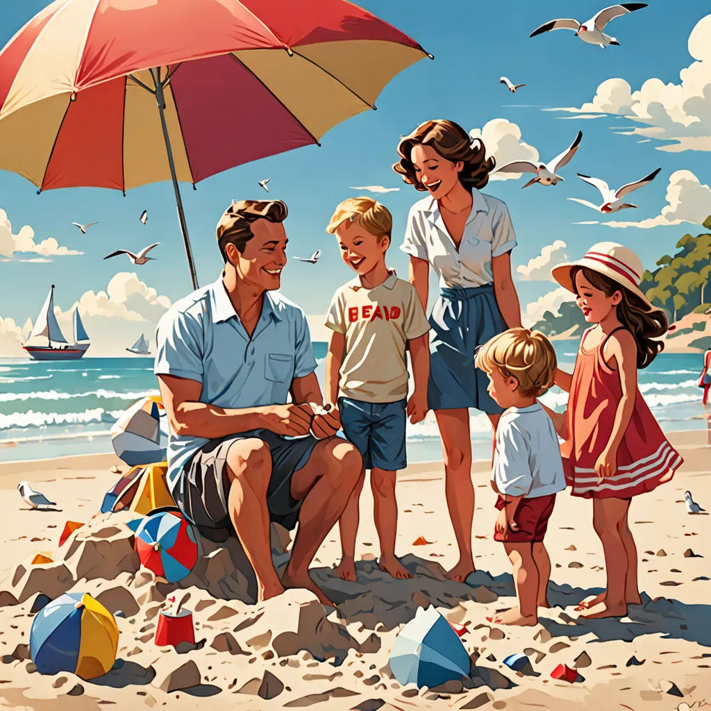 a family sitting on the beach under an umbrella with a child and an adult standing next to them and a child standing on the beach, american scene painting, an ultrafine detailed painting, Colin Middleton, rossdraws global illumination