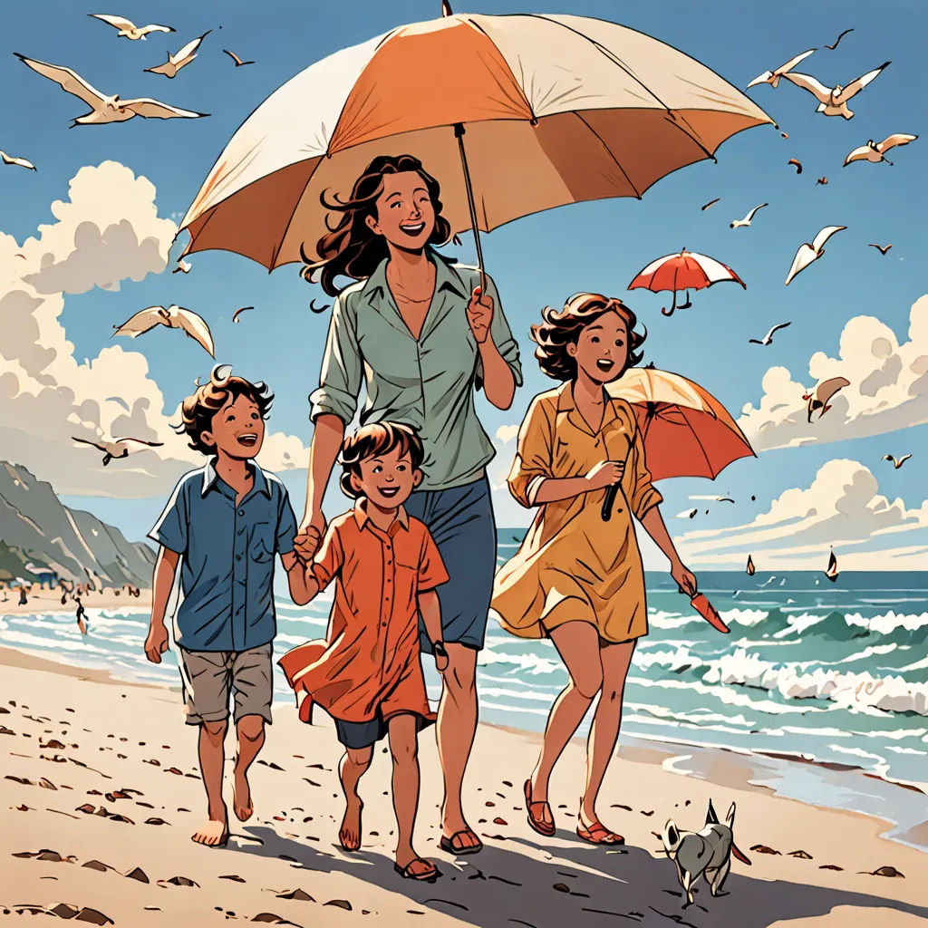 a family walking on the beach under an umbrella with seagulls flying overhead in the background and a bird flying overhead, lyco art, a comic book panel, Asaf Hanuka, comic cover art