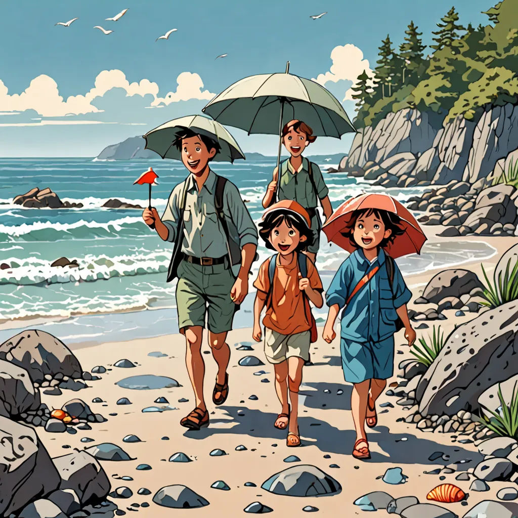 a family walking on a beach with umbrellas over their heads and a dog on the beach behind them, ukiyo-e, a storybook illustration, Brothers Hildebrandt, official art