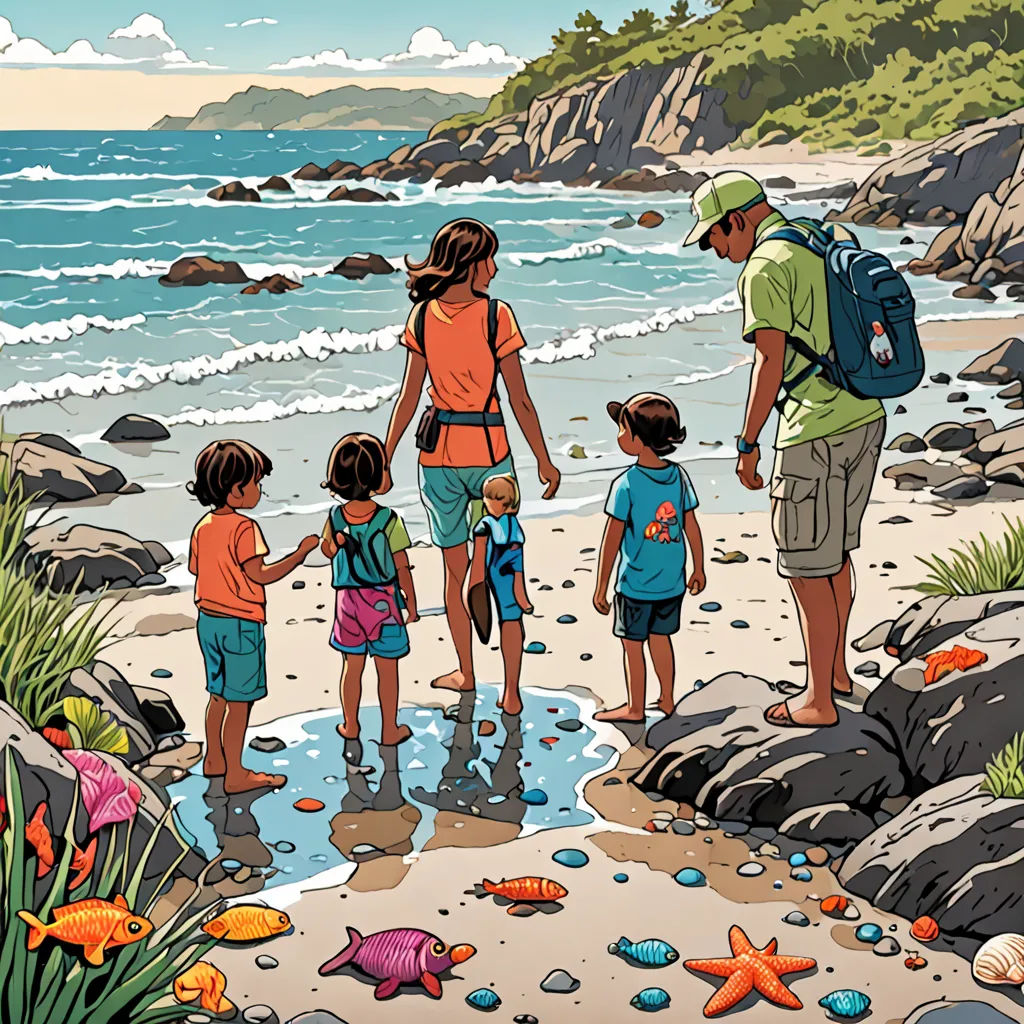 a family of four standing on a beach next to the ocean with a backpack on their back and a backpack on their shoulder, environmental art, a storybook illustration, Asaf Hanuka, book cover