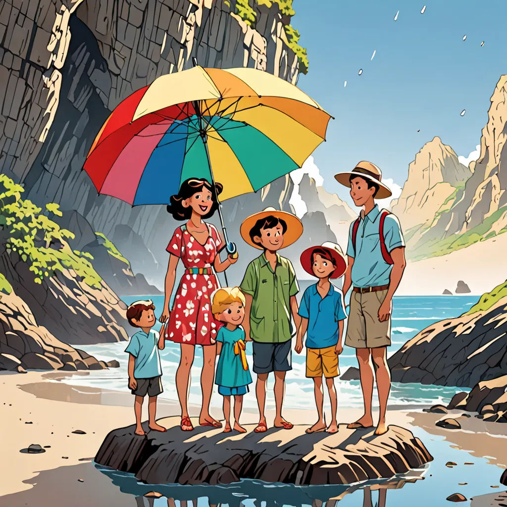 a family standing on a beach under an umbrella with a mountain in the background and a body of water, les automatistes, a storybook illustration, Colin Middleton, promotional image