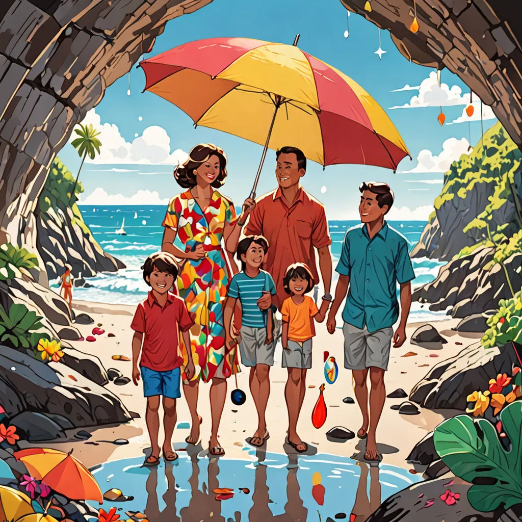 a family of four standing under an umbrella on a beach with a view of the ocean and rocks and a cave, lyco art, a storybook illustration, Colin Middleton, official art