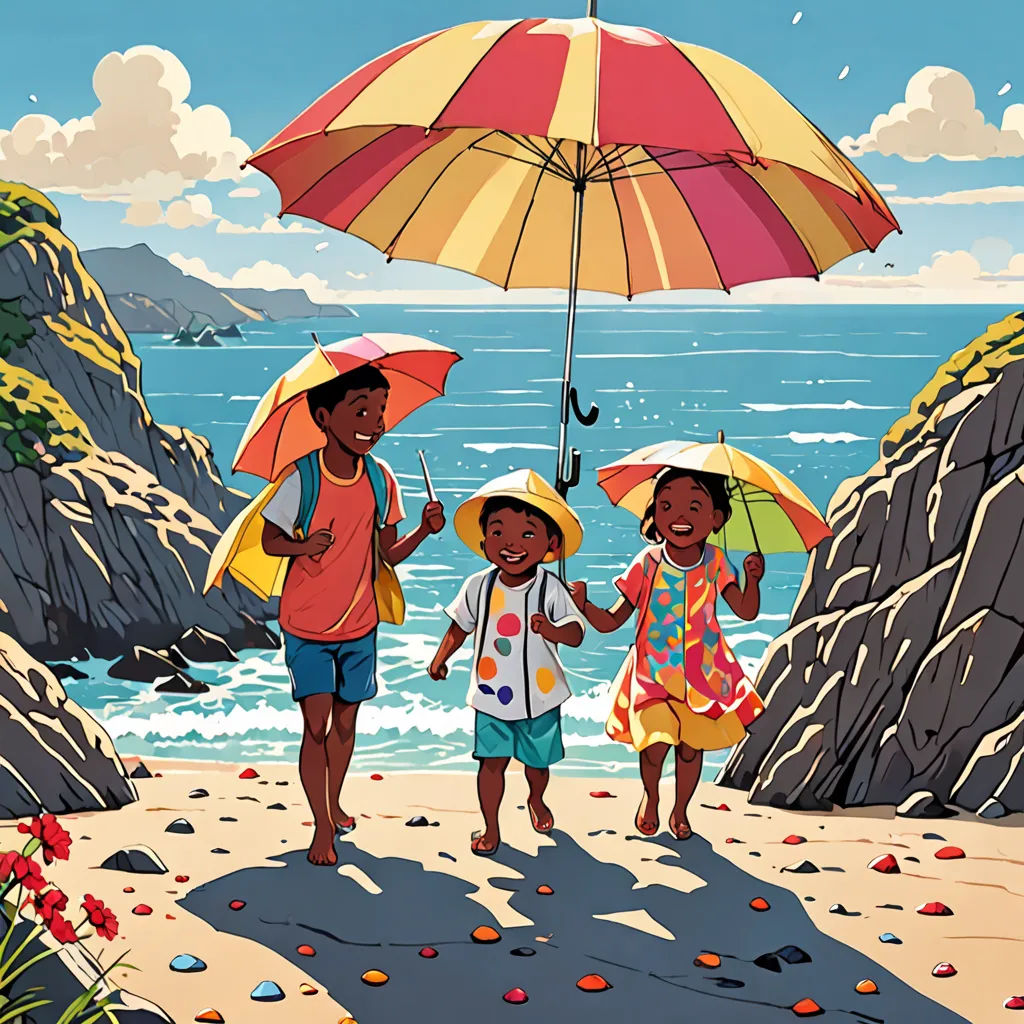 a painting of three people walking on a beach with an umbrella over their heads and a dog on the beach, lyco art, a storybook illustration, Colin Middleton, book cover