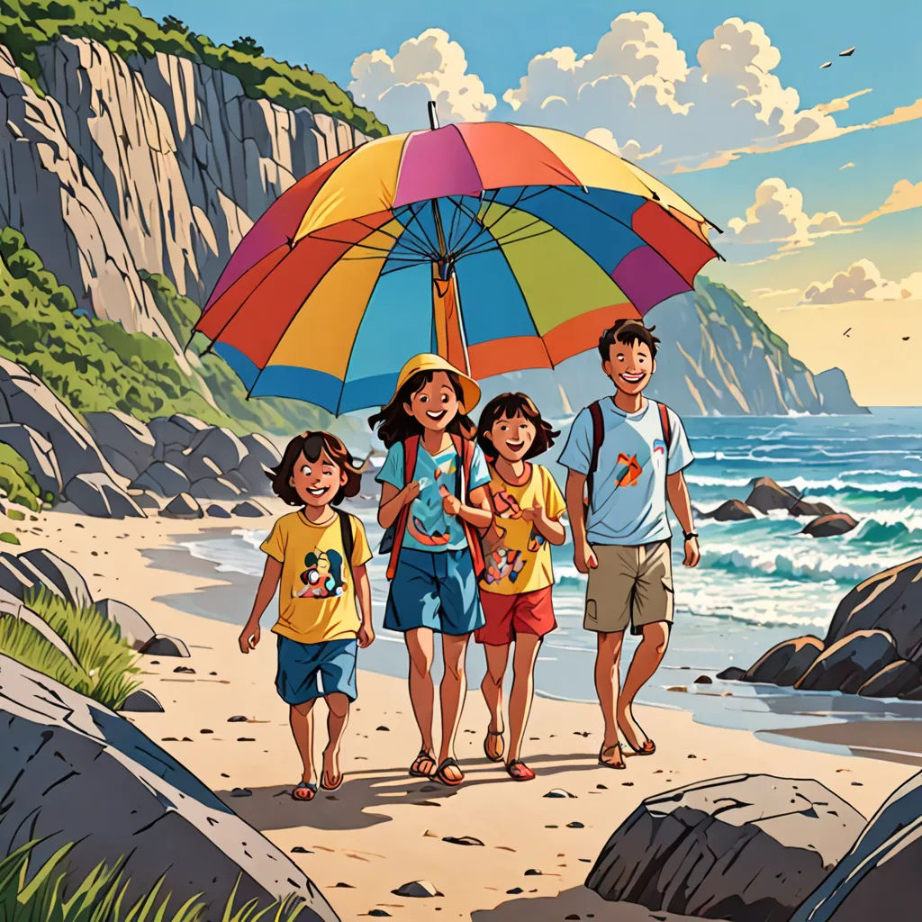 a family of four standing under an umbrella on a beach near the ocean with a rocky cliff in the background, lyco art, a poster, Diego Gisbert Llorens, official art
