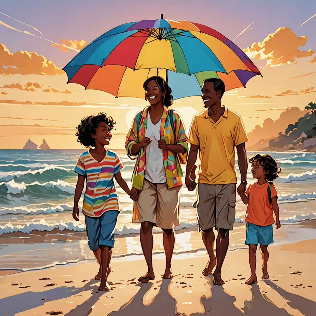 a family walking on the beach under an umbrella at sunset with the sun setting behind them and the ocean in the background, american scene painting, a storybook illustration, Bob Thompson, official art