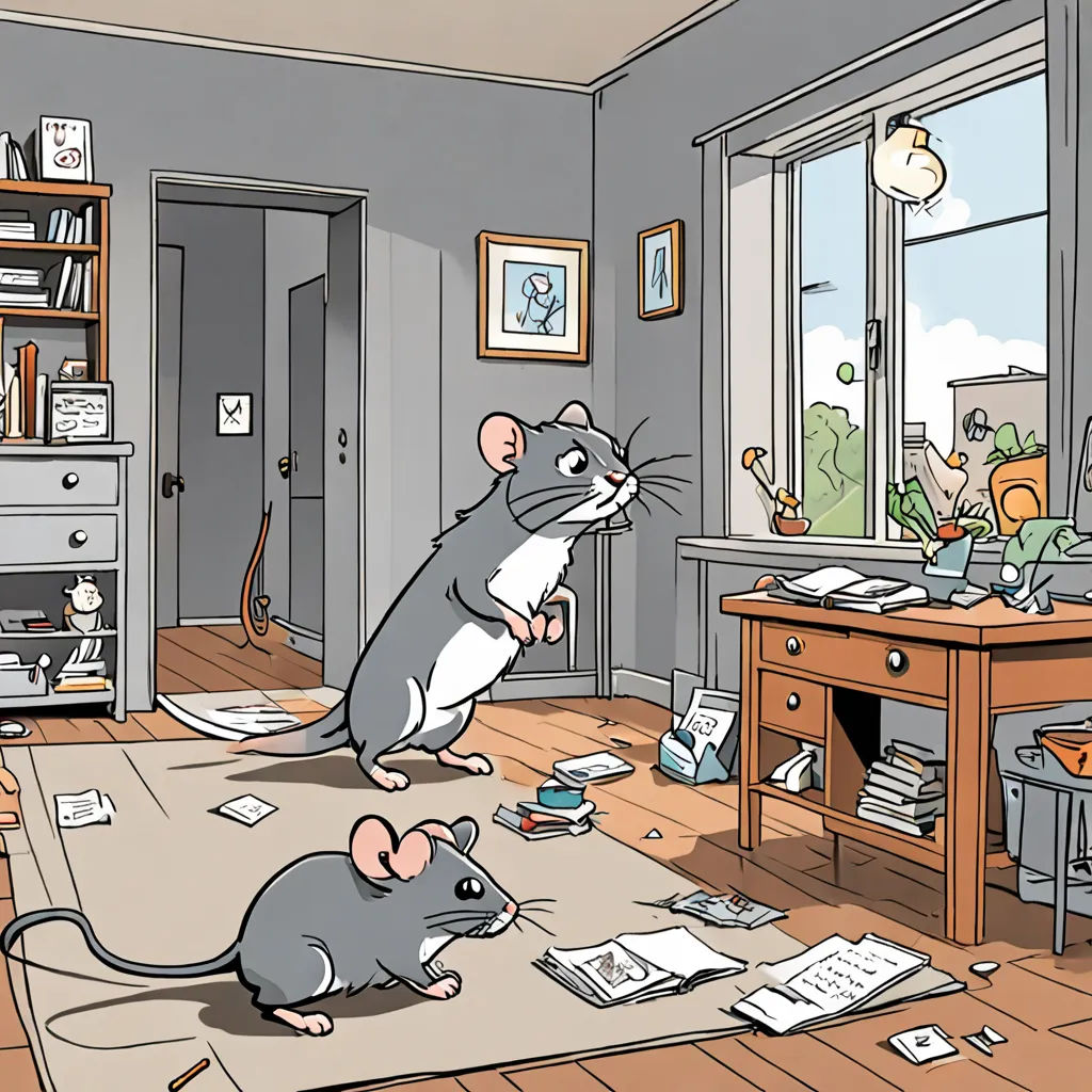 a mouse and a rat are in a room with a desk and a window and a book shelf with books, furry art, a storybook illustration, Chris Ware, storybook illustration