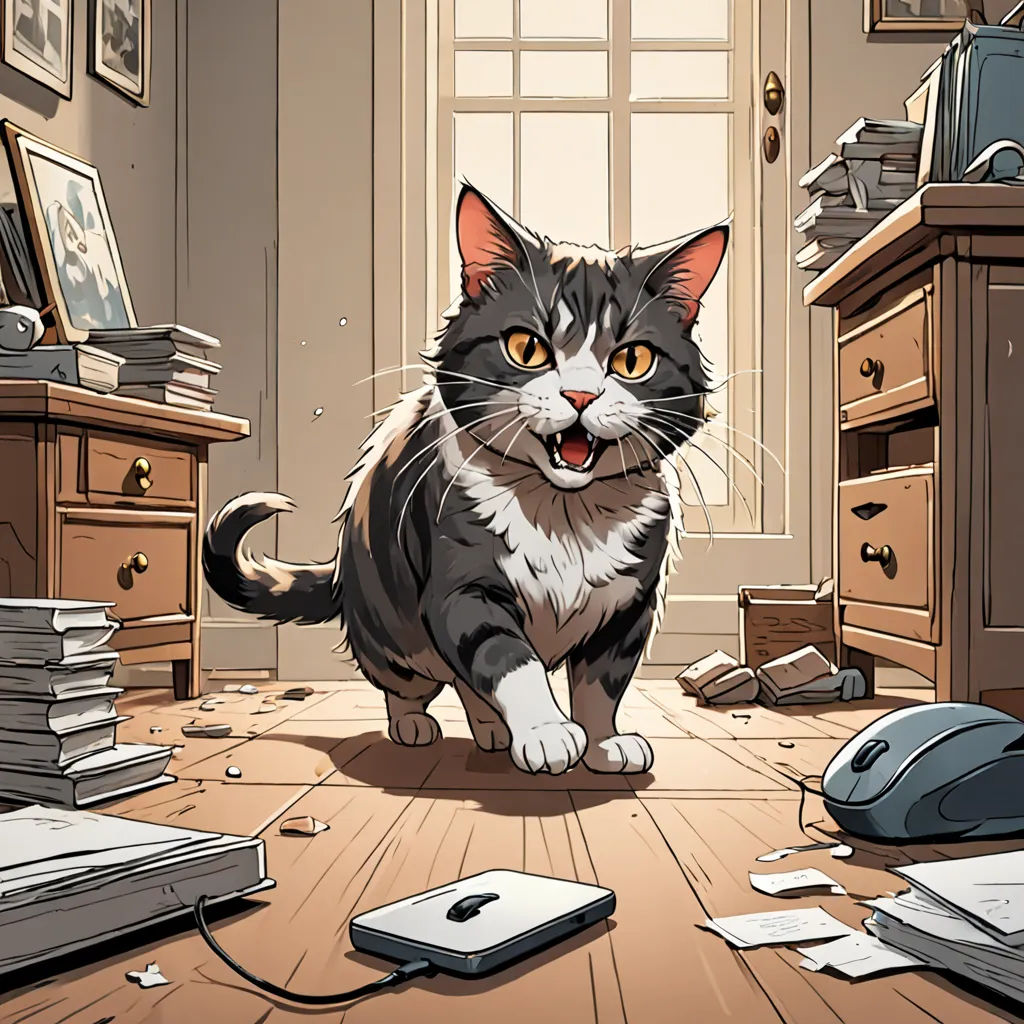 a cat is standing on the floor in a messy room with a computer mouse and books on the floor, sots art, computer graphics, Dan Mumford, game art