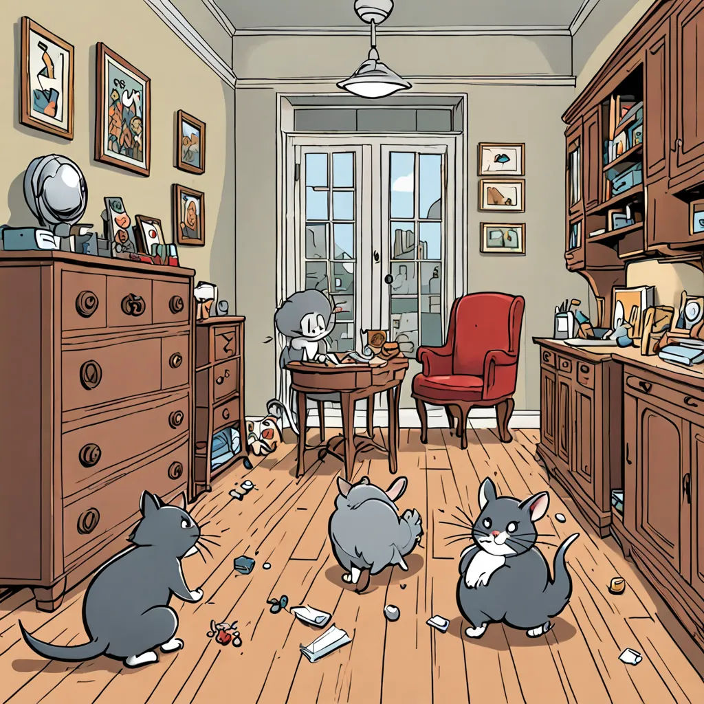 a room with a bunch of dead mice on the floor and a red chair in the corner of the room, art & language, a storybook illustration, Chris Ware, storybook illustration