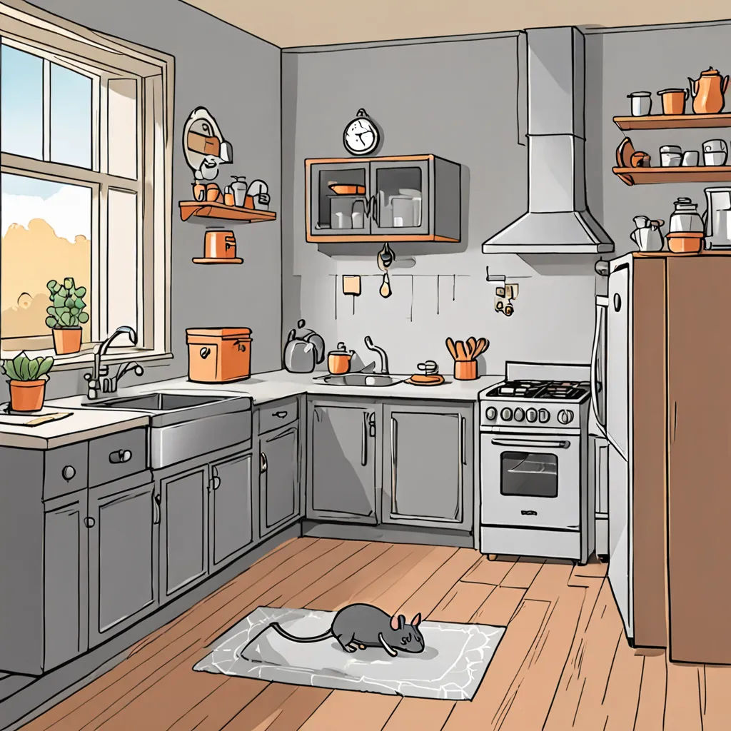 a kitchen with a mouse on the floor and a window in the background with a potted plant on the counter, context art, a storybook illustration, Beatrix Potter, storybook illustration