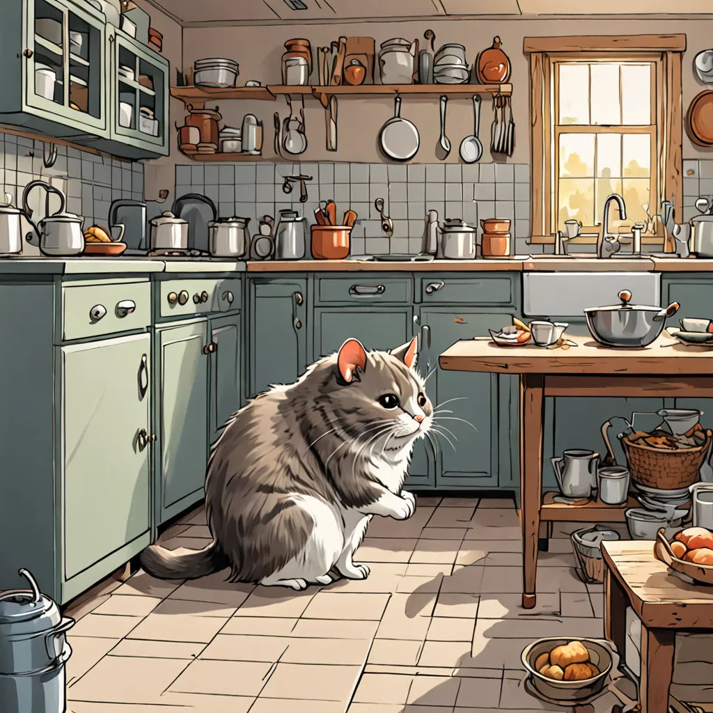 a cat sitting on the floor in a kitchen next to a table with a bowl of fruit on it, furry art, a storybook illustration, Beatrix Potter, official art