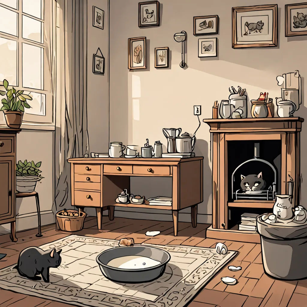 a cat is sitting in a bowl in a room with a fireplace and a rug on the floor and a table with a potted plant, arts and crafts movement, a storybook illustration, Beatrix Potter, storybook illustration