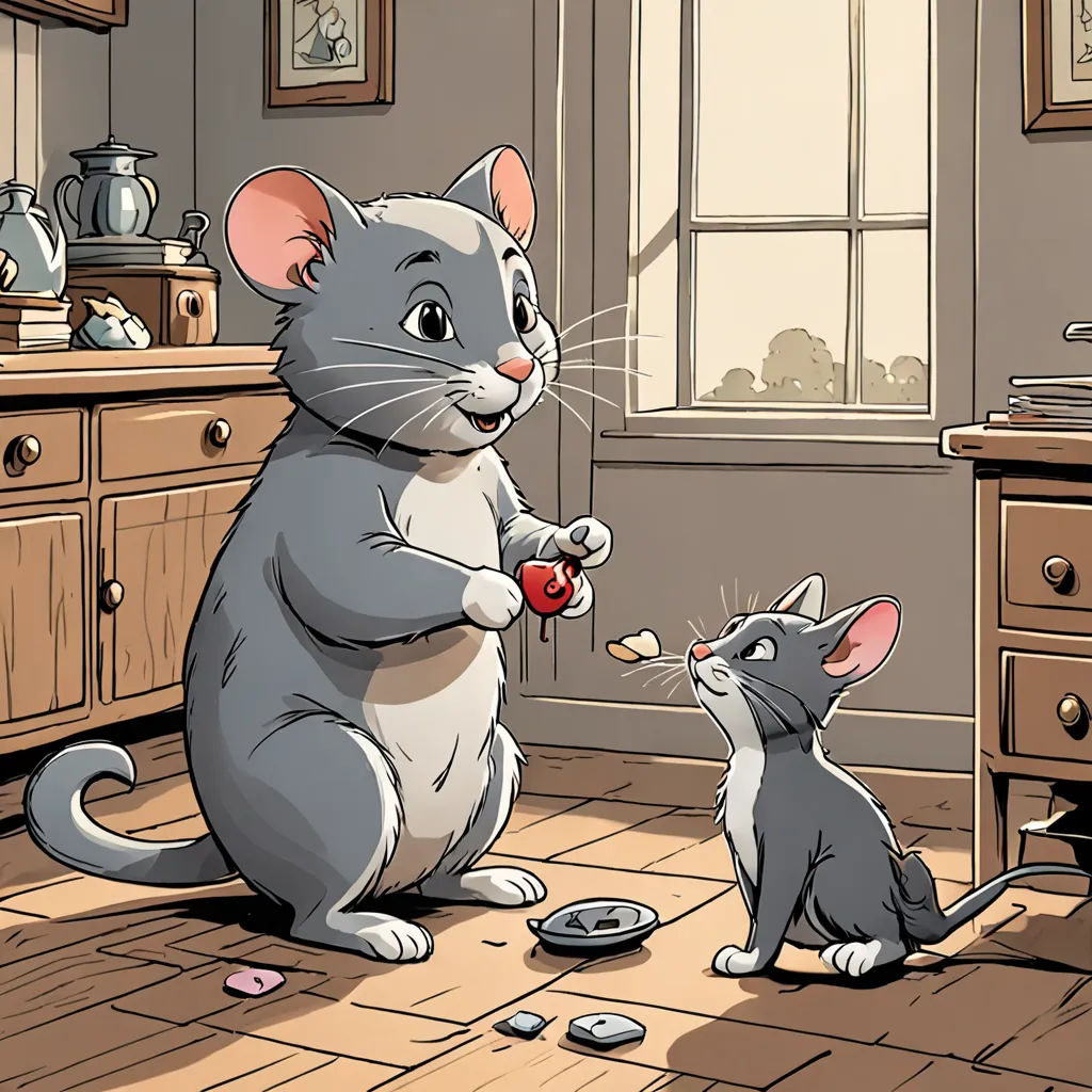 a cartoon of a mouse and a cat eating food together in a kitchen with a window and a sink, sots art, a storybook illustration, Art Spiegelman, storybook illustration