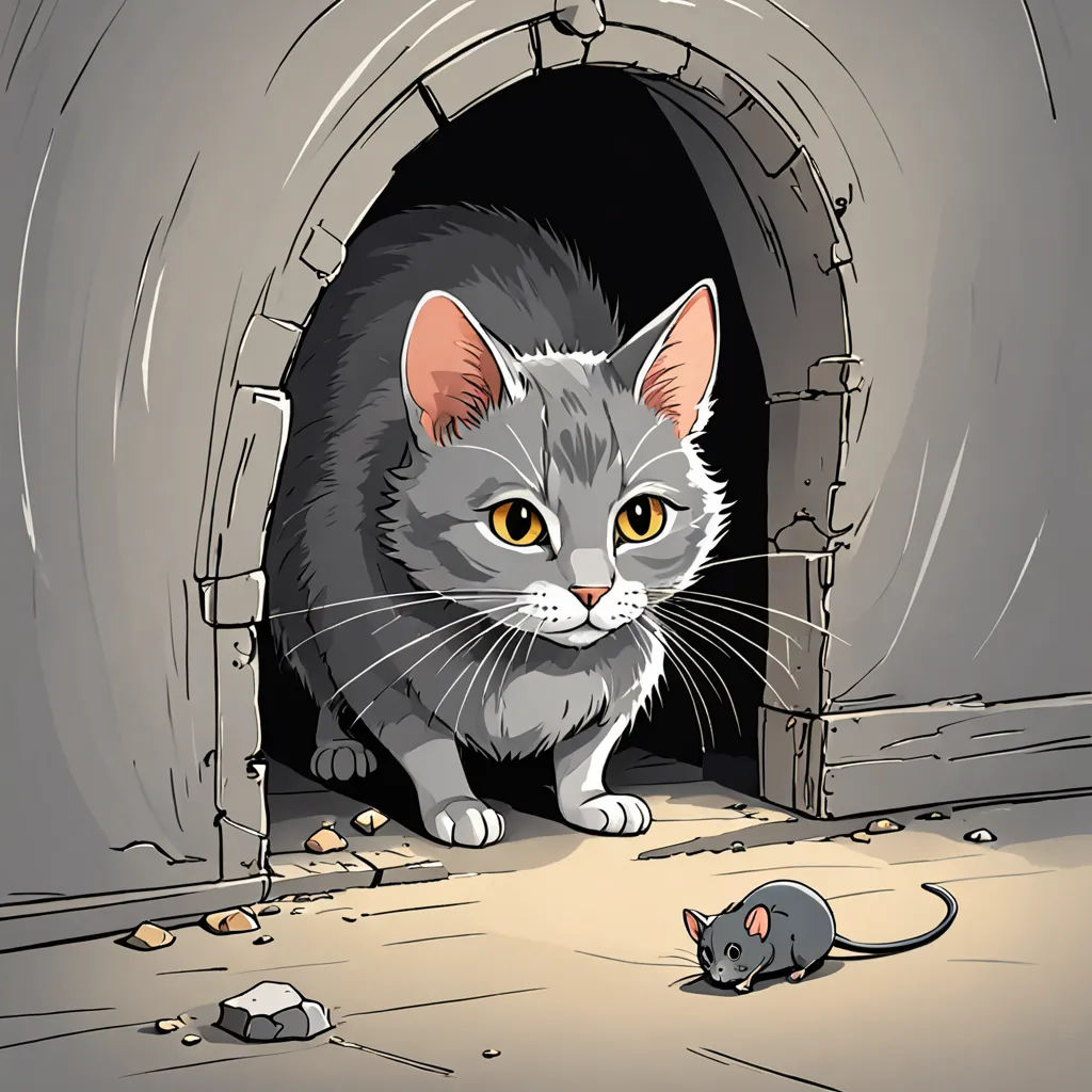 a cat is sitting in a tunnel with a mouse nearby on the floor of a room with a door, underground comix, a storybook illustration, Art Spiegelman, storybook illustration