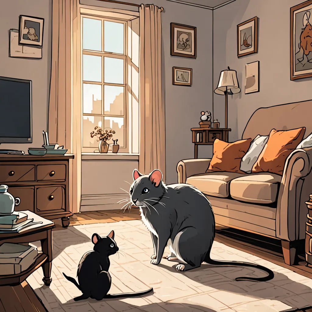 a cat and a mouse sitting in a living room together on the floor of a rug in front of a window, furry art, a comic book panel, Colin Middleton, storybook illustration