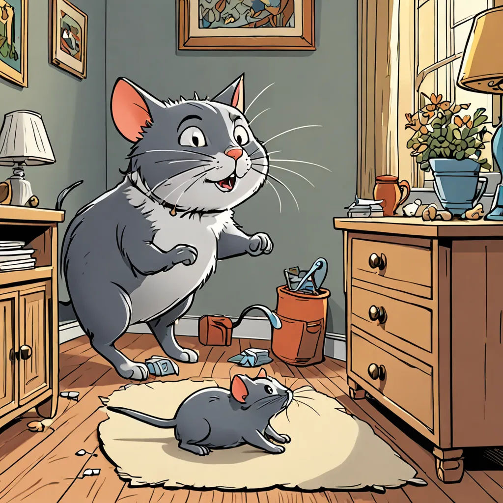 a cartoon of a cat and a mouse in a room with a rug and a dresser with a painting on it, furry art, a storybook illustration, Beatrix Potter, storybook illustration
