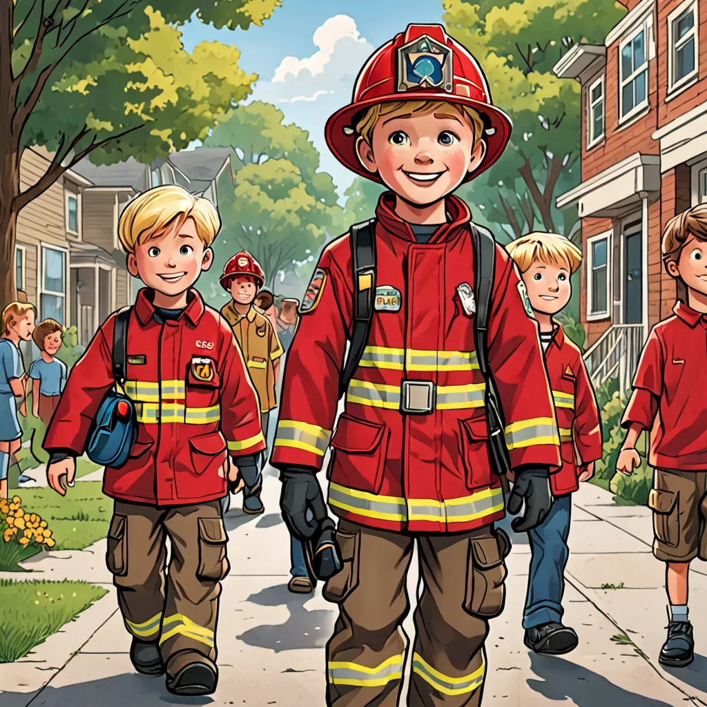 a group of children in fire fighters uniforms walking down a sidewalk with a fireman in the background and a fireman in the foreground, vancouver school, a storybook illustration, Bob Byerley, kinkade
