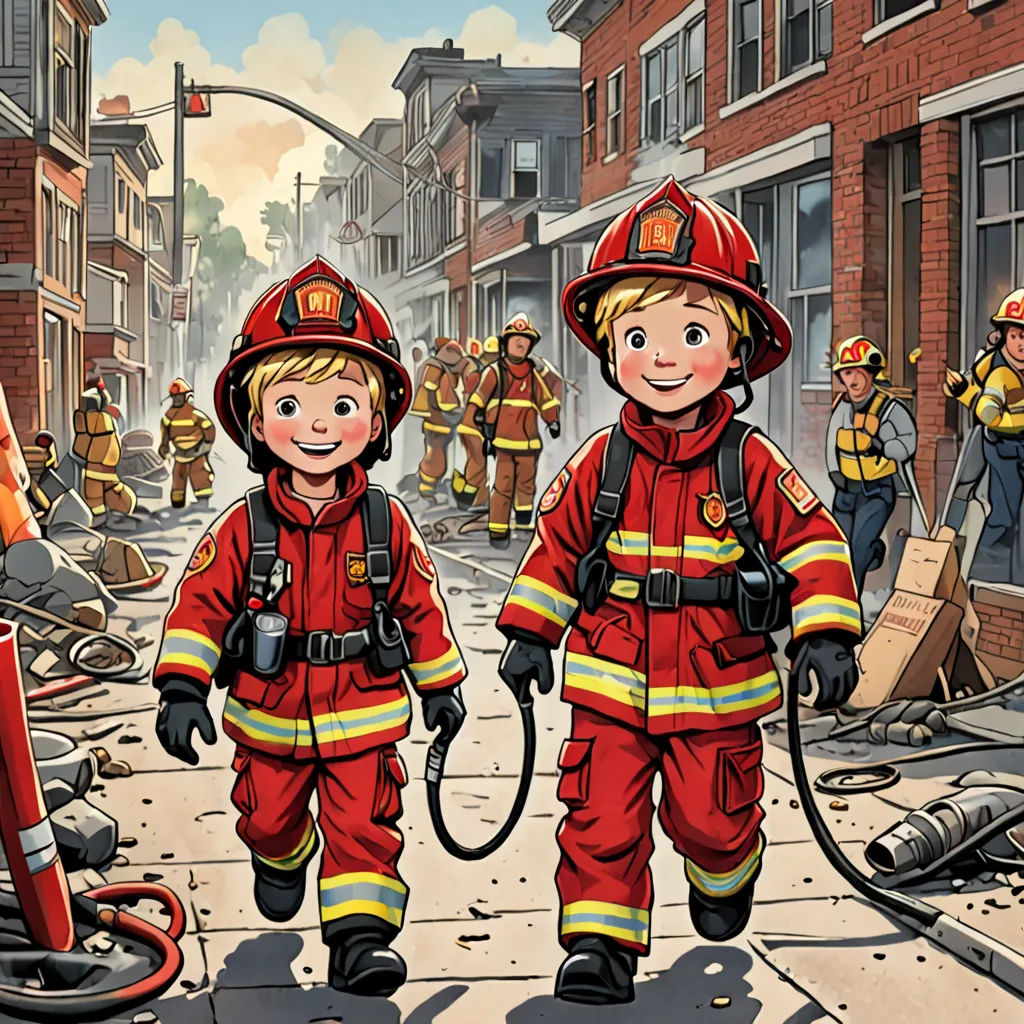 a couple of kids in fire suits walking down a street with a hose in hand and a fireman in the background, lyco art, a storybook illustration, Bob Byerley, storybook illustration