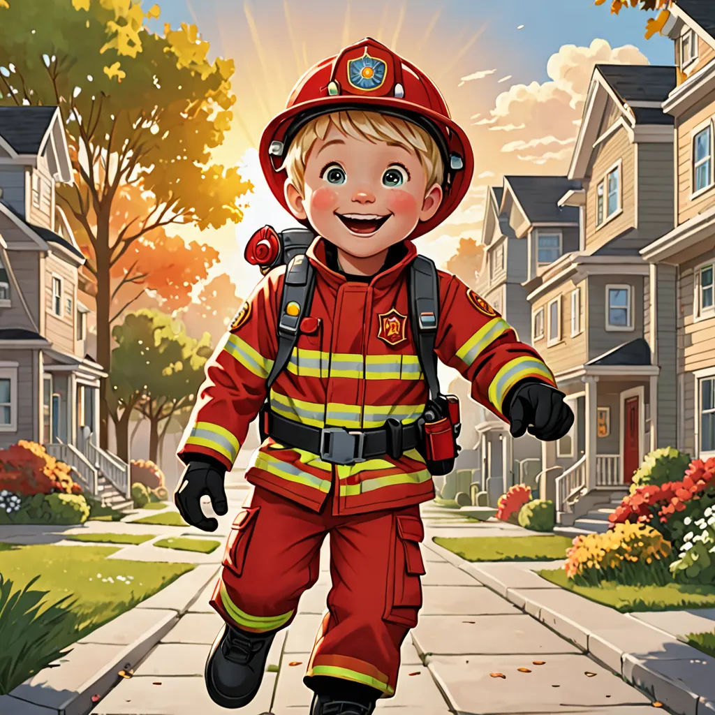 a cartoon fireman is running down the street with a fire hose on his back and a helmet on his head, american scene painting, a storybook illustration, Chris LaBrooy, kinkade