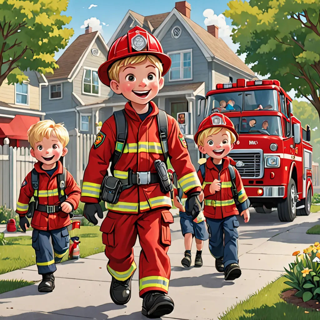 a fireman and two children are walking down the street with a fire truck in the background and a house in the background, american scene painting, a storybook illustration, Bob Byerley, kinkade